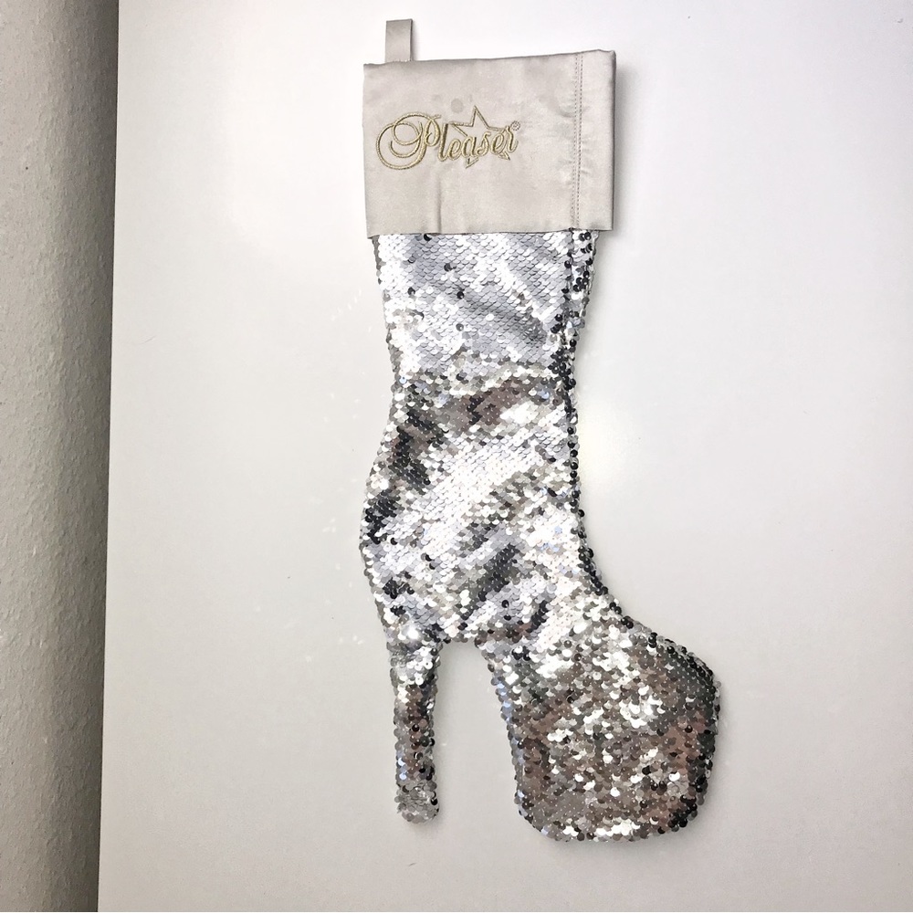 Christmas Stocking, Hight heel Silver sequin from Pleaser